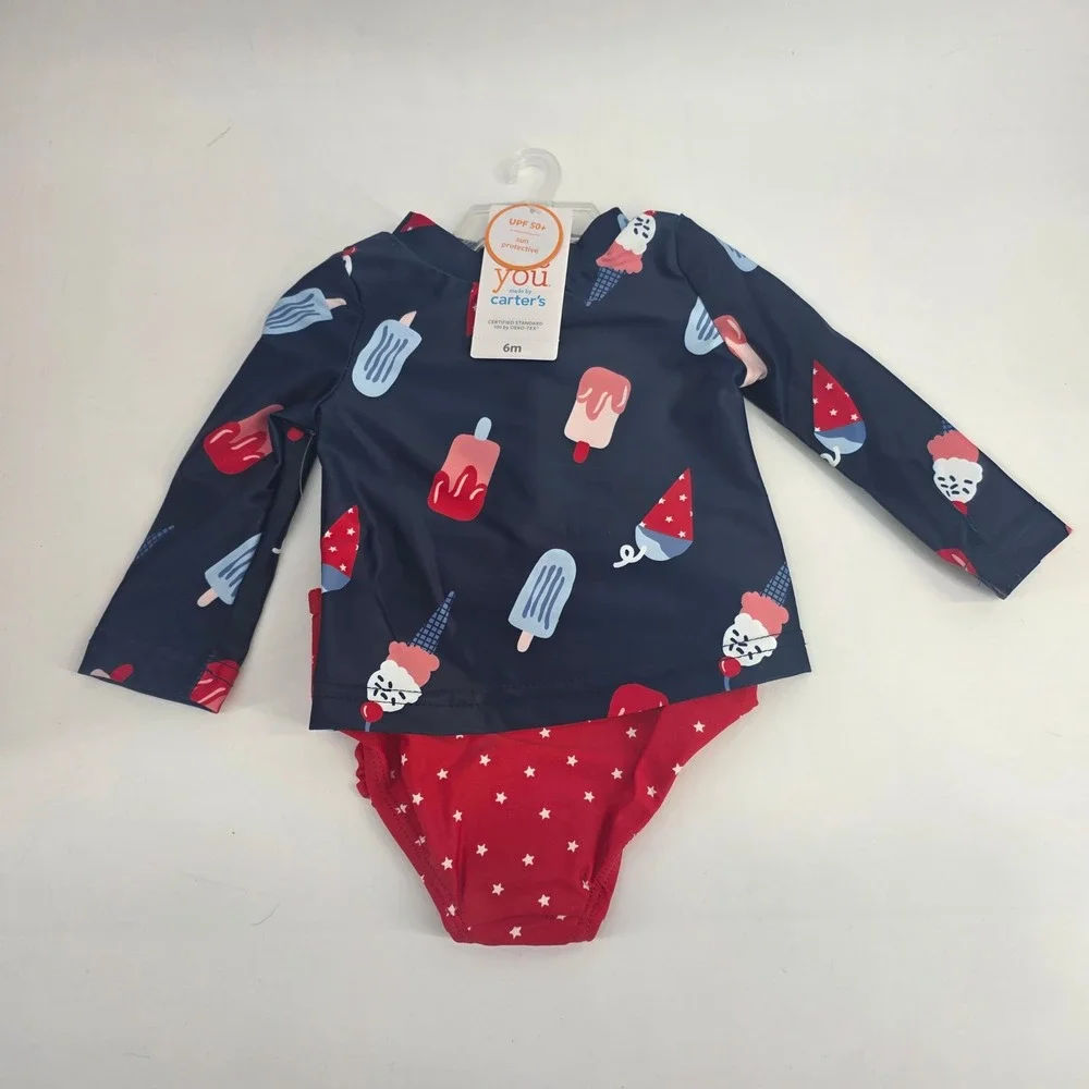 Carters Baby Girls 6M Navy‎ Ice Cream Rash Guard Swimsuit Set UPF 50+